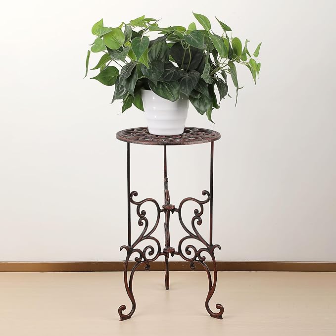 OwnMy Cast Iron Tall Plant Stand Heavy Duty Vintage Wrought Iron Flower Pot Holder, Decorative 1-Tier Potted Plant Holder Rack, Indoor Outdoor Large Metal Plant Stand for Patio Garden, Red Bronze