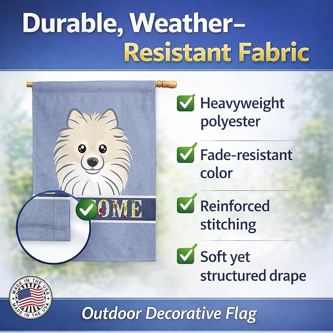Caroline's Treasures BB1393CHF Pomeranian Welcome House Flag, Blue Large Porch Sleeve Pole Decorative Outside Yard Banner Artwork Wall Hanging, Polyester, House Size, Multicolor