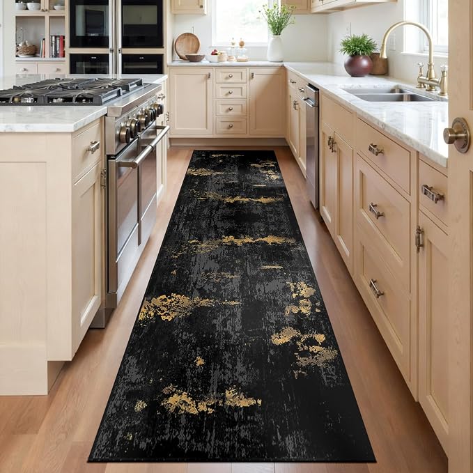 RELEANY Washable Runner 2'x6' Abstract Area Rug for Hallway Black Gold | Carpet for Kitchen, Entryway, Bathroom, Living Room, Bedroom, Printed Pattern, Non‑Slip, Soft, Stain‑Resistant, Easy to Clean
