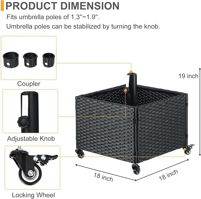 SUNNYPARK Umbrella Base with Wheels and Fillable Planter 2 in 1 | 120lbs Capacity, Heavy Duty, Hand Woven Rattan Style, Portable Decorative Umbrella Stand for Garden Backyard Deck Poolside