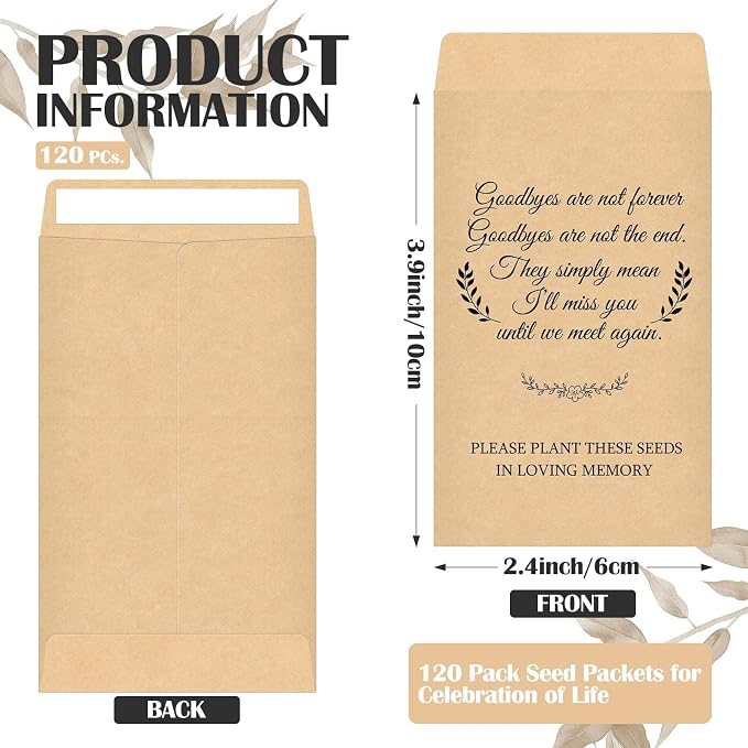 Fumete 120 Pack Memorial Seed Packets Bulk Memorial Day Coin Envelopes Kraft Small Celebration of Life Funeral Favors for Guests Veterans Day Sentimental Funeral Service Gift, 3.9 x 2.4 Inch