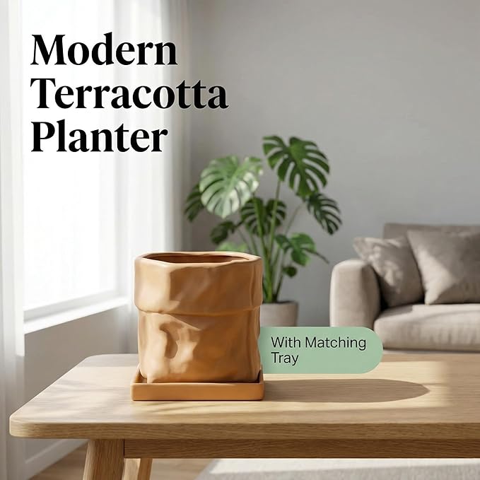 Nihow 6 Inch Ceramic Plant Pot with Drainage & Square Saucer, Terracotta | Bag Shape Design,Indoor & Outdoor,Living room/Office/Bedroom/Windowsill/Tabletop,Plant Lovers/Gardeners/Beginners