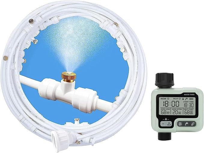 POCKET PANDA Misters for Outside Patio with Hose Timer,Misting System for Cooling Outdoor,50Ft (Black/White) for Watering Programmable,Water Mist Hose for Garden,Yard,