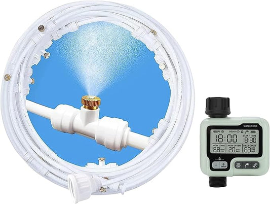 POCKET PANDA Misters for Outside Patio with Hose Timer,Misting System for Cooling Outdoor,50Ft (Black/White) for Watering Programmable,Water Mist Hose for Garden,Yard,
