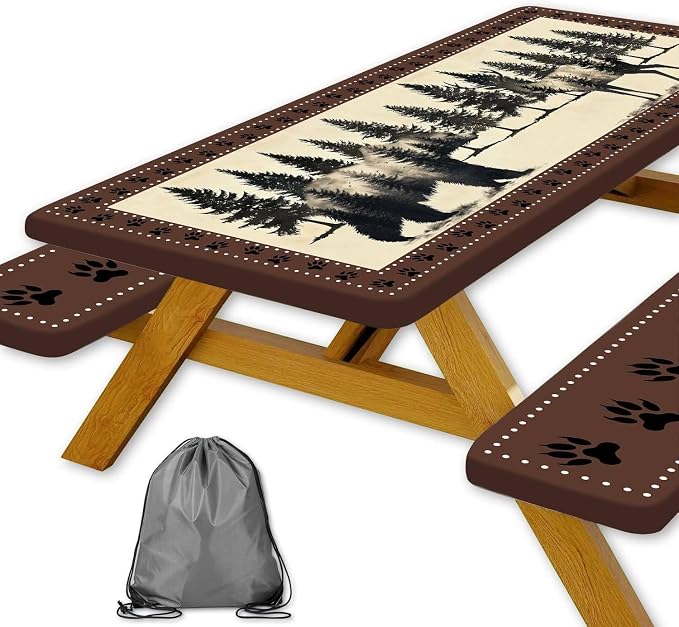 Picnic Table Cover with Bench Covers and Bag, Farmhouse Bear Camper Waterproof Windproof, Fitted Tablecloth Cover with Elastic Edge, for Indoor & Outdoor, Garden, Camping, 3 Pieces Set, 30x96 Inch