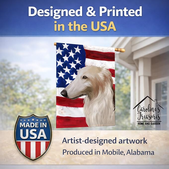 Caroline's Treasures CK6449CHF Borzoi Dog American Flag House Flag Large Porch Sleeve Pole Decorative Outside Yard Banner Artwork Wall Hanging, Polyester, House Size, Multicolor