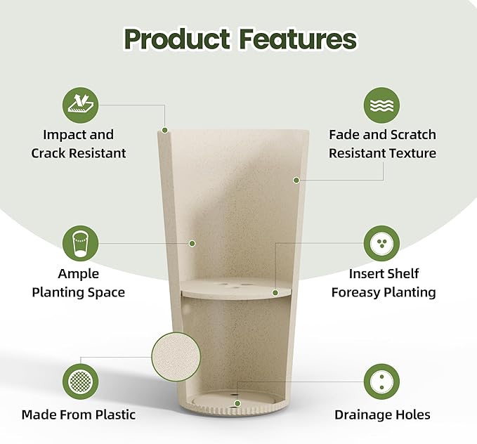 23.6" H Tall Planters for Outdoor Plants Set of 2 - Fluted Large Outdoor Planters for Front Porch Decor with Drainage Hole, Plastic Round Flower Pots Fits Indoor Plants Patio/Garden, Beige