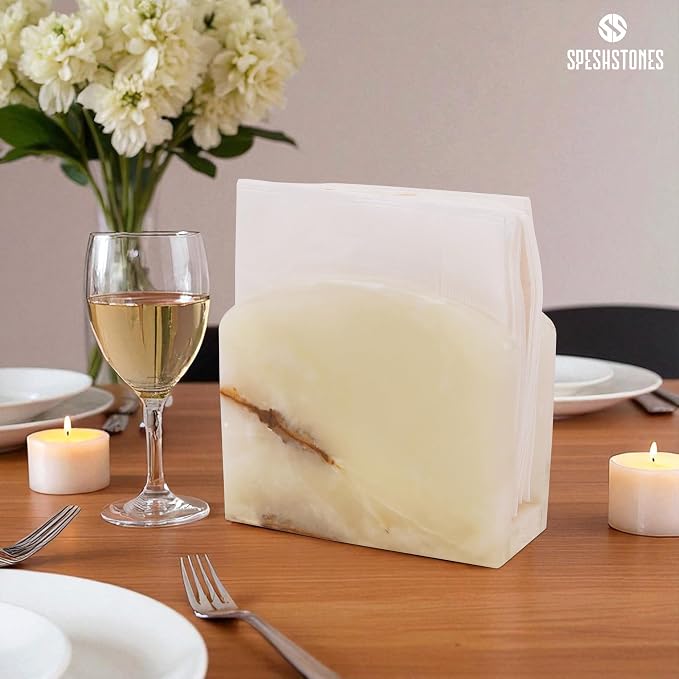 Marble Napkin Holder for Table 6.5 Inch Cream Onyx Stone Organizer for Cocktail Napkins & Tissue Paper – Decorative Napkin Holder for Bathroom, Kitchen Counter, Coffee Bar & Dining Table
