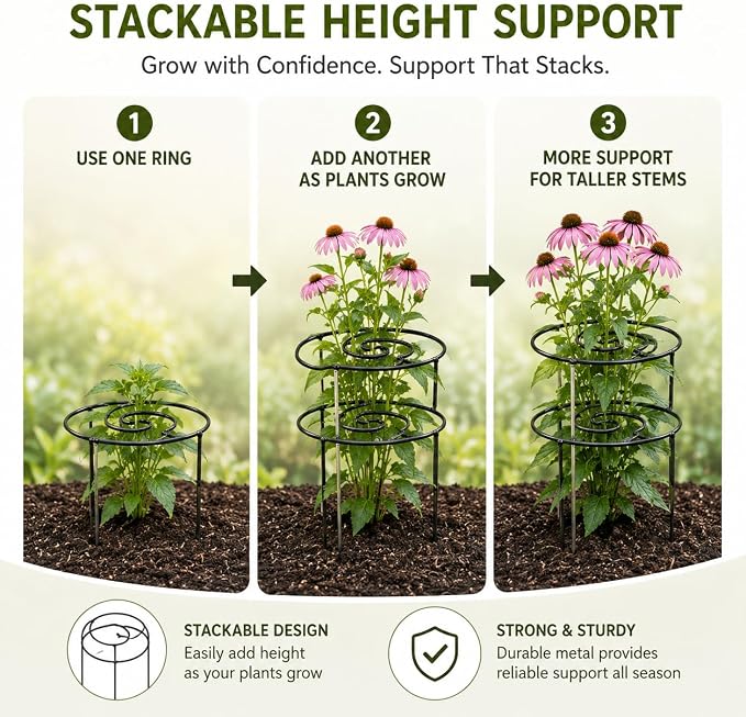 Metal Peony Support Ring for Outdoor Plants, Garden Plant Support Stakes for Flowers & Vegetables, Stackable Peony Cage for Dahlia, Rose, Orchid & Tomato (L)