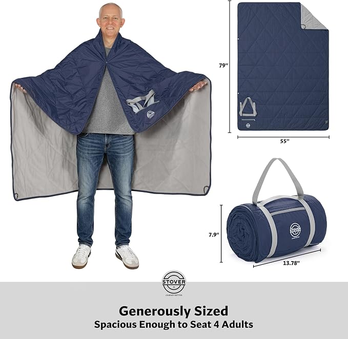 STOVER Large Waterproof Outdoor Stadium Blanket- Extra Thick Soft Fleece Camping Blanket for Travel, Picnics, Sports, Dogs 79"x55", Warm, Windproof, Sand-Proof, Lightweight, Packable (Victory Blue)