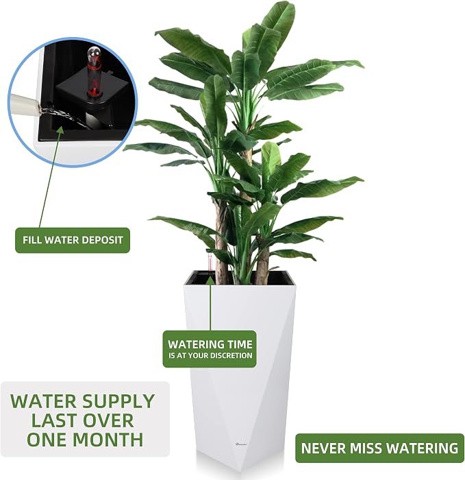 Dexceder 20 Inches Self Watering Tall Planter (White) | Diamond High Gloss, Thickened Rhombus Large Floor Standing Flower Plant Pot with Water Level Indicator Indoor Outdoor
