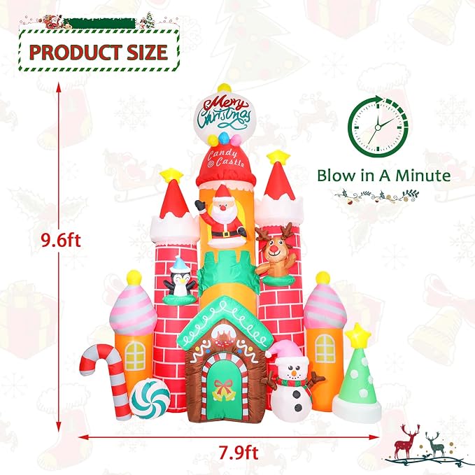 MUMTOP 10FT Christmas Inflatables Outdoor Decoration, Candy Castle Christmas Inflatable with Santa,Snowman,Elk,Penguin and Built-in Led Lights Blow Up Inflatable for Outdoor Party Garden Decoration