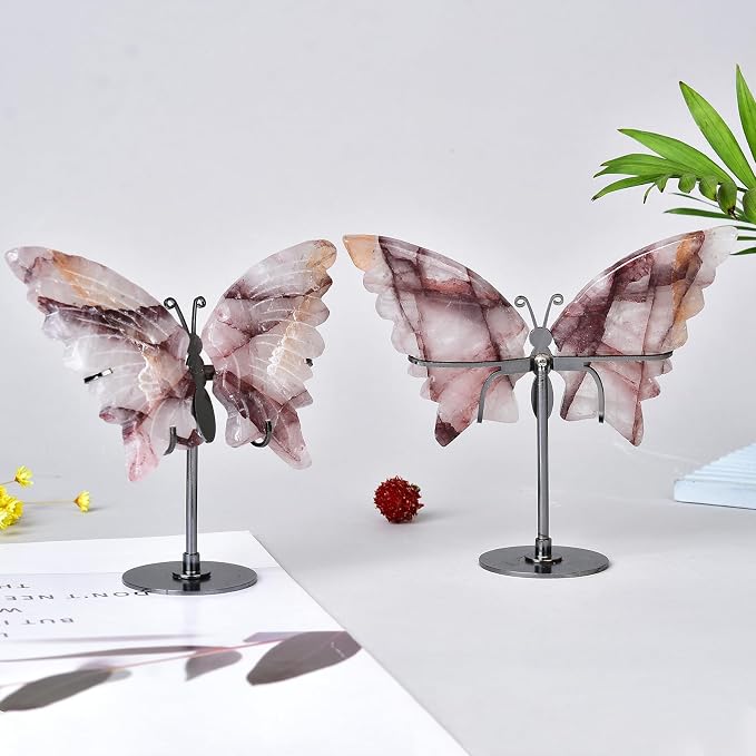 JIC Gem Hematoid Quartz Crystal Stone Butterfly Art Decorative Healing Crystal Slices Carved Angel Wings with Silver Stand Office Home Decor Reiki Gifts (1pair, 10cm)