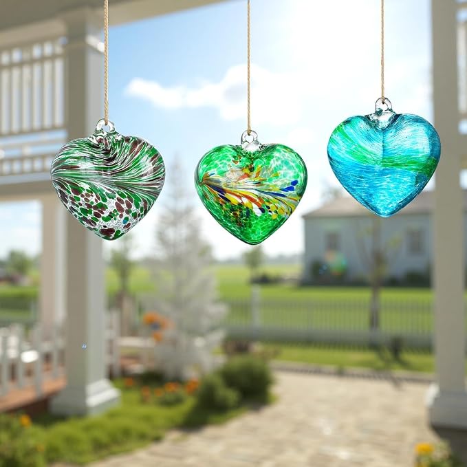 Set of 3 Blown Glass Heart Ornaments Hanging Green Gazing Balls for Outdoor | Hand-Blown Craftsmanship, Easy-Hang Lanyard Design for Indoor & Outdoor Hanging