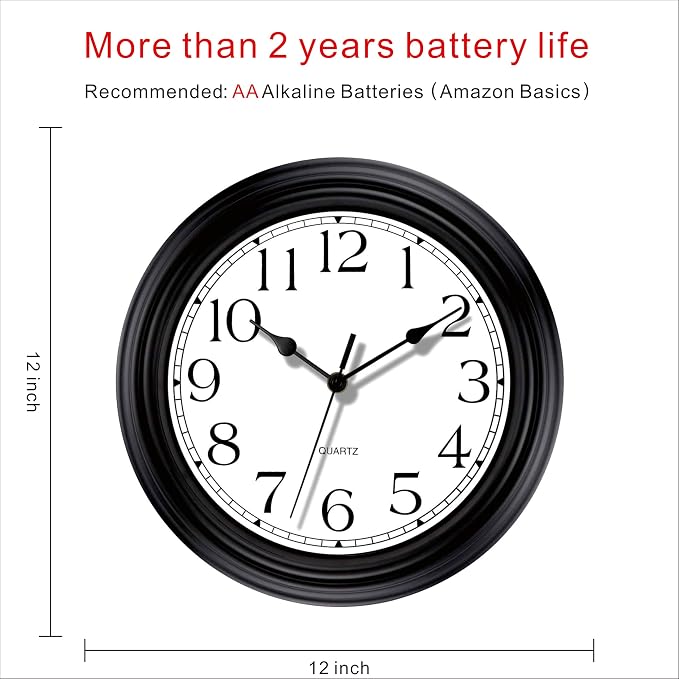Foxtop Silent Non-Ticking Round Classic Clock Retro Quartz Decorative Battery Operated Wall Clock for Living Room Kitchen Home Office (12 Inch, Black)