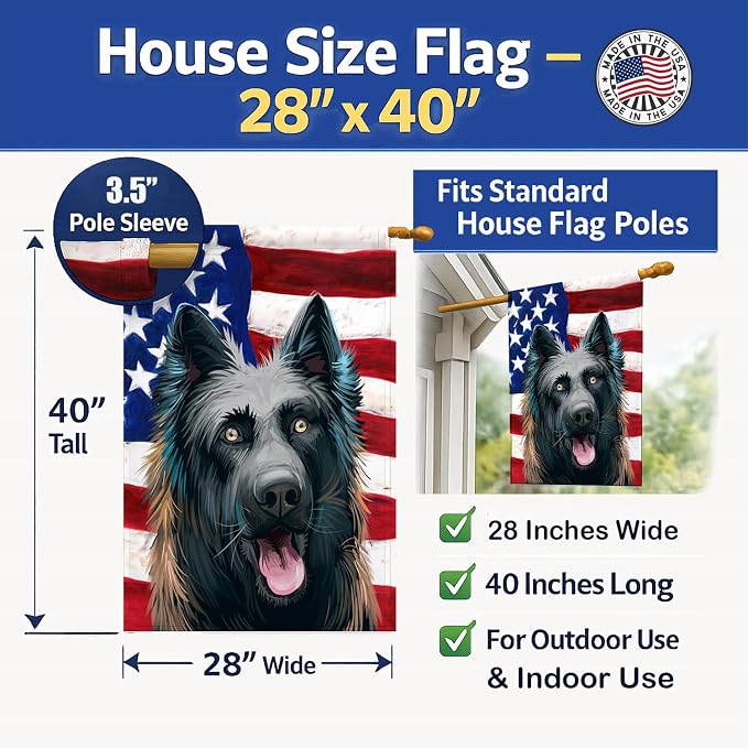 Caroline's Treasures CK6507CHF Dutch Shepherd Dog American Flag House Flag Large Porch Sleeve Pole Decorative Outside Yard Banner Artwork Wall Hanging, Polyester, House Size, Multicolor