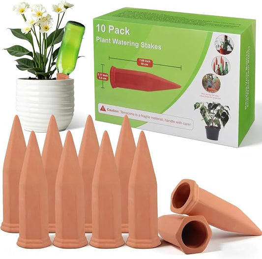 Tcamp 10 Pack Terracotta Watering Spikes, Plant Watering Devices Wine Bottle Automatic Plant Self Watering Spikes for Vacations, Self-Watering Stakes for Indoor Outdoor Plants