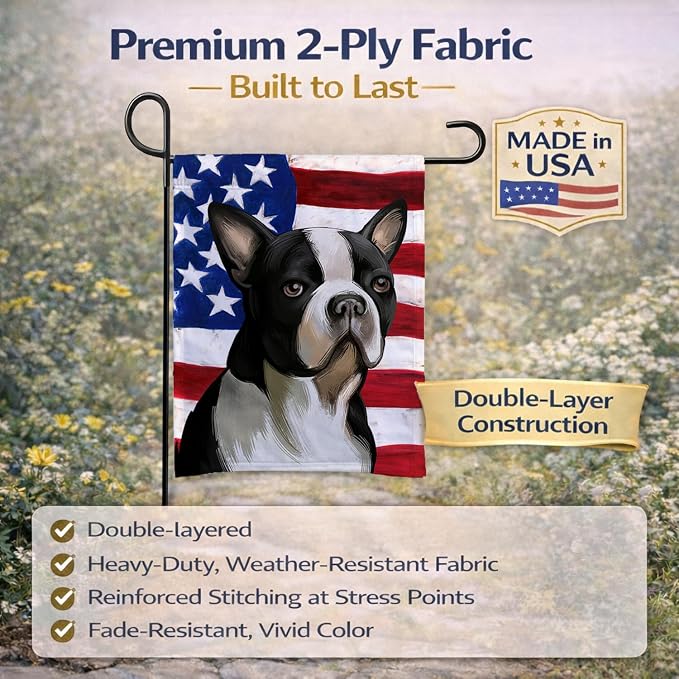 Caroline's Treasures CK6451GF Boston Terrier Dog American Flag Garden Flag Mailbox Flag Decorative Yard Flag Banner Outside Patio Artwork Yard Flower Beds, Garden Size, Multicolor