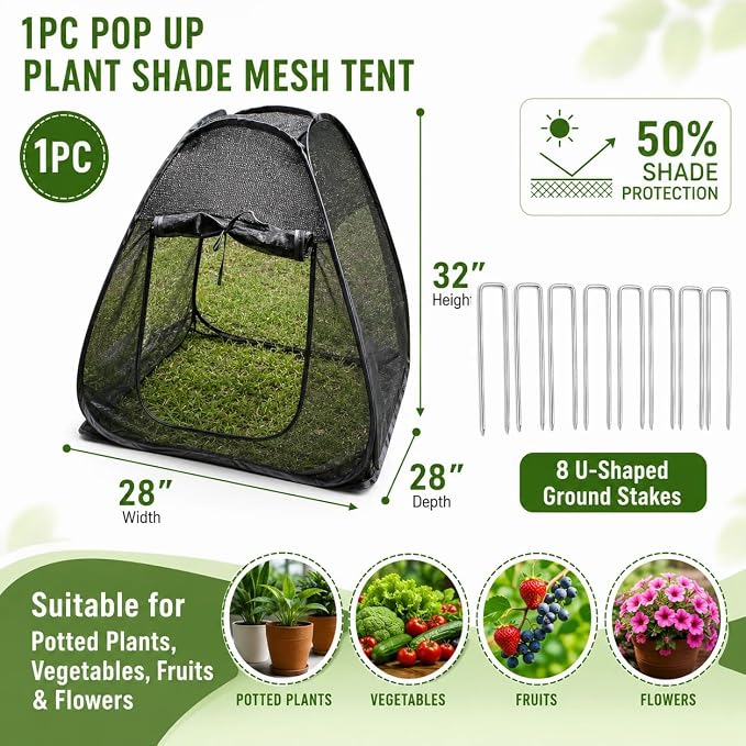 1PC Pop up Plant Shade Tent（28 x 28 x 32 in-50% Shade Mesh Plant Cover with 8 U-Shaped Stakes for Outdoor Plants, Pop up Gardening Net Cover with Zipper Door, Guard Cover for Potted Plants