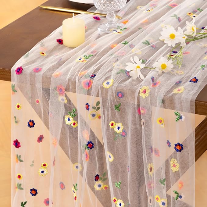Socomi Flower Table Runner Summer Daisy Floral Tulle Gauze Cheesecloth Embroidery Table Runners for Tea Party Garden Wedding Bridal Baby Shower Birthday Picnic Decor Ivory 1pc
