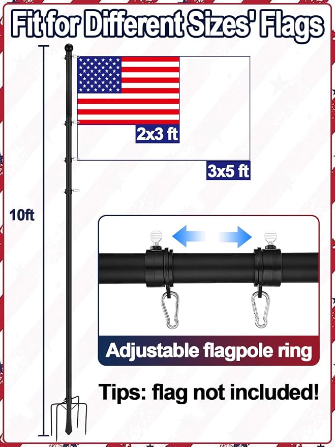 2 Pack 10ft In Ground Flag Pole for Outside House - Fit for 2 Flags Extra Thick Flag Pole Kit with 5 Prongs Base, Windproof Ground Flagpoles for Residential Small Medium Lawn Temporary Event