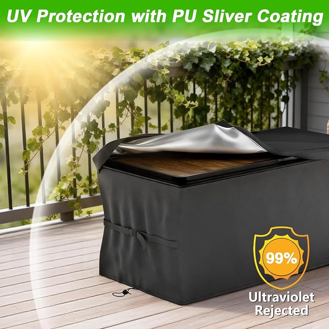 EVRBUL Upgraded Deck Box Cover 63×30×28 Inch for 150-230 Gallon Outdoor Storage Container Heavy Duty 420D Cover with Durable Two-way Zipper Windproof Buckles and Drawstrings
