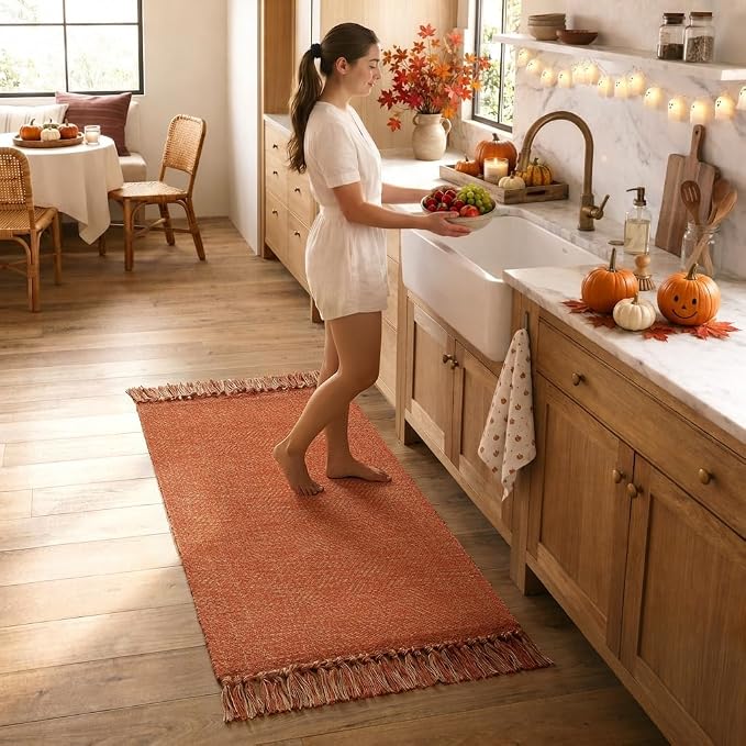 2' x 4.3' Indoor Outdoor Rug, Fall Farmhouse Kitchen Runner Rugs | Boho Modern Washable Bathroom Mat, Hand-Woven Entry Carpet, Reversible Front Door Mats for Laundry Bedroom Porch, Fall Decor