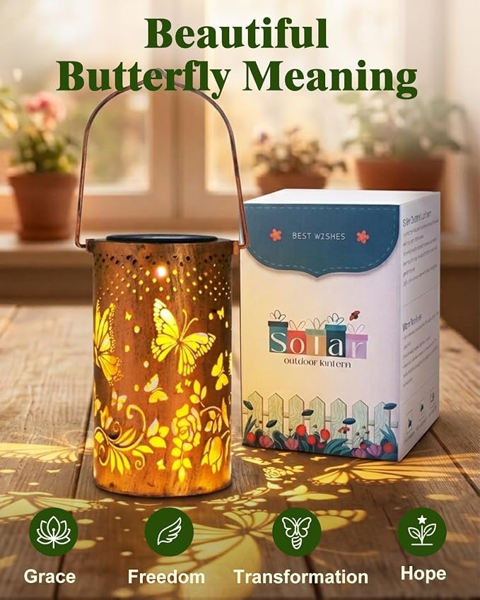 DIBIEECN Butterfly Solar Lanterns Outdoor Waterproof, Gifts for Women | Birthday Gifts for Women, Mom & Grandma, Outdoor Garden Decor, Metal Hanging Lights, IP65 Waterproof, LED Decorative Lantern
