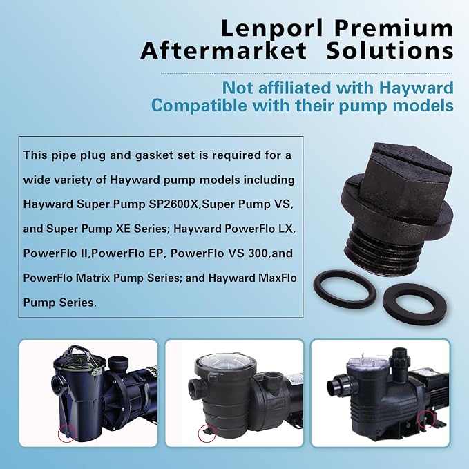 Lenporl 6-Pack Pool Pump Drain Plugs with 2 O-Rings & 6 Square Washers SPX1700FG, Compatible with Hayward Super Pump PowerFlo and MaxFlo Series Pool Pump Parts, Aftermarket Parts for Home Improvement