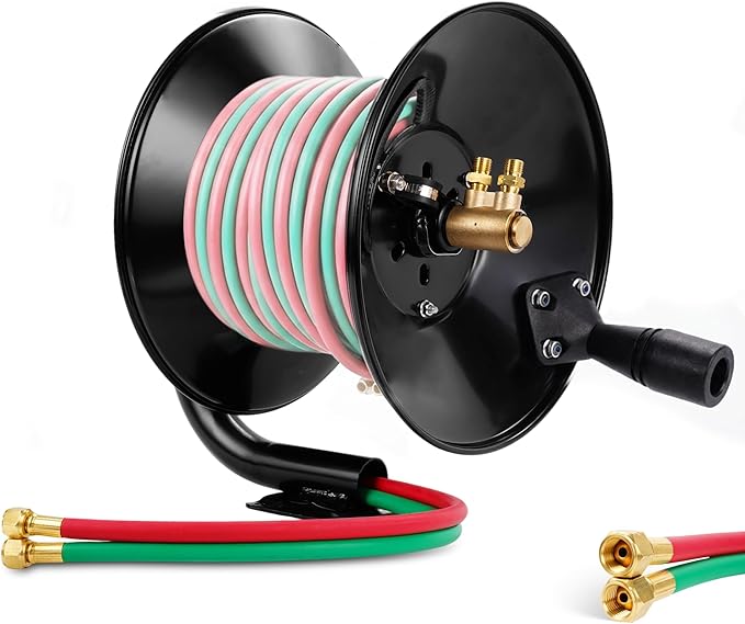 Manual Twin Welding Hose Reel Holds 100 ft of 3/8" or 1/4" Gas Hose,Universal Mounting Bracket for Wall, Ceiling or Cart (Hose Not Included)