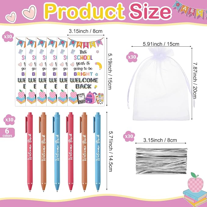 Marspark 30 Set Welcome Back to School Gifts Bulk Ballpoint Pens and Greeting Cards Set with Bags Twist Ties Composition First Day of School Gifts for Teacher Student Classroom Party Favors Supplies