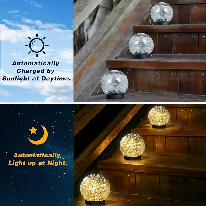 SyouHome Solar Garden Lights Outdoor Waterproof, 4 Pack LEDs Cracked Glass Ball Light, Ground Landscape Garden Decor, Solar Globe Decorative for Pathway/Patio/Lawn/Yard