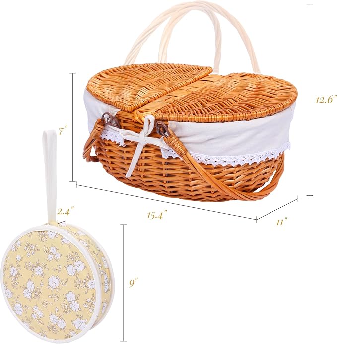 Wicker Picnic Basket with Handle, 15" Large Picnic Basket with Lid & Removable Liner, Vintage Hand Woven Basket with Cutlery Set for Picnics, Camping, Thanksgiving, and Birthday