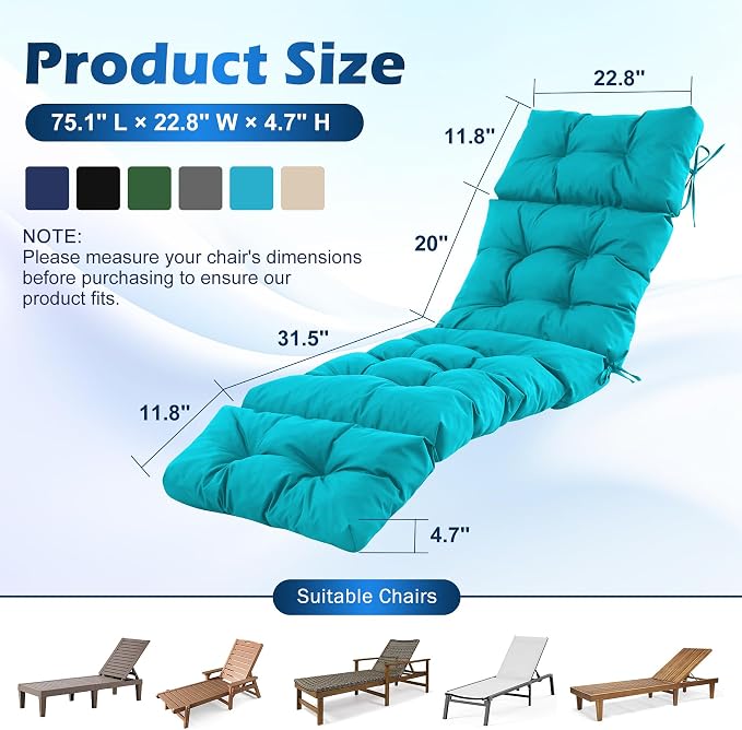 IASEAHK 2 Pcs Chaise Lounge Cushions Outdoor,Waterproof & Fade Resistant Patio Lounge Chair Cushions for Outdoor Furniture, Chaise Cushion with Ties for Pool, Lawn and Beach, 75.1x22.8x4.7 Inch, Teal