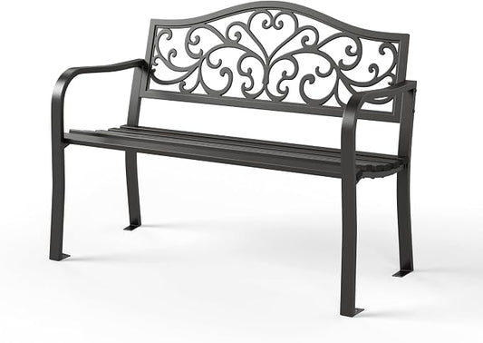 Sophia & William Outdoor Bench, Metal Garden Bench, Cast Iron Park Benches for Outside with Floral Design Backrest, Black