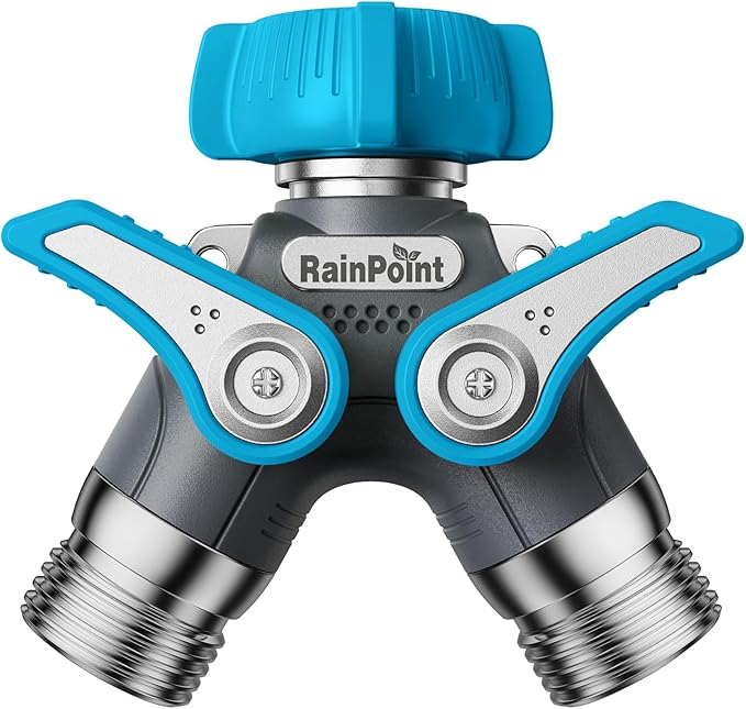 RAINPOINT Garden Hose Splitter, 2 Way Heavy Duty Water Hose Y Spigot Splitter with Shutoff Valves, 100% Metal Body Outdoor Faucet Splitter, 1.9" Extra Long Metal Handle, 3/4" GHT Thread (2, Green)