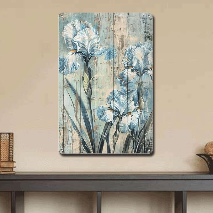 Metal Sign Tin Sign Vintage Wall Art Rustic Celebration Irises Tin Sign for Easy Installation Weather Resistant Design and Vintage AES Bathroom Signs Decor for Home Decor 8×12 Inches
