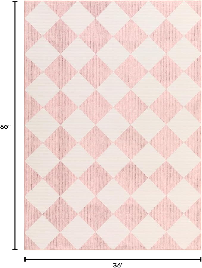 GarveeHome 3x5 Checkered Area Rug Non Slip Washable Entryway Bedroom Rug | Modern Geometric Plaid Pink Carpet Classic Throw Mat for Kitchen Bedside Kids Room Office Dining Room