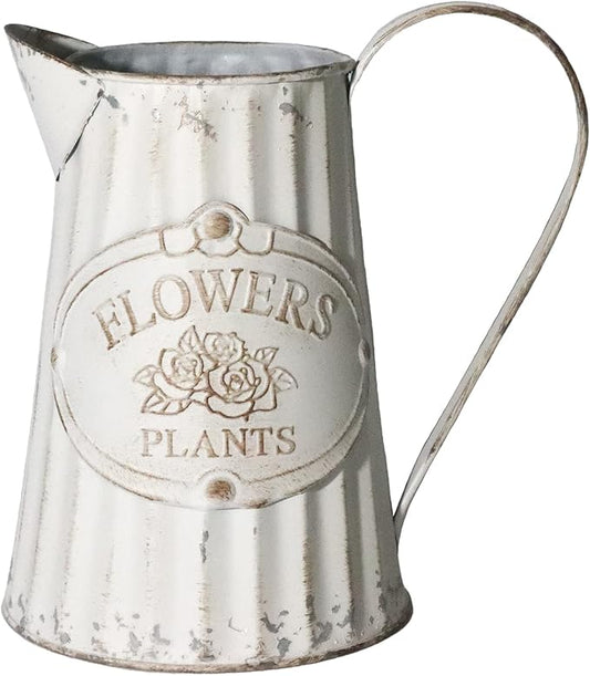 Galvanized Pitcher Antique Watering Can Retro Jug Metal Vase Rustic Vintage Primitive Pitcher Farmhouse Country Plant for Home Office Decor, 8.0”
