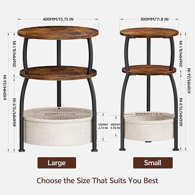 Round Side Table with Storage Basket for Living Room Rustic Brown | Small Table for Small Space 3-Tier Side Table for Bedroom, Garden, Sofa Couch Table Bedside Nightstand, Rustic Brown