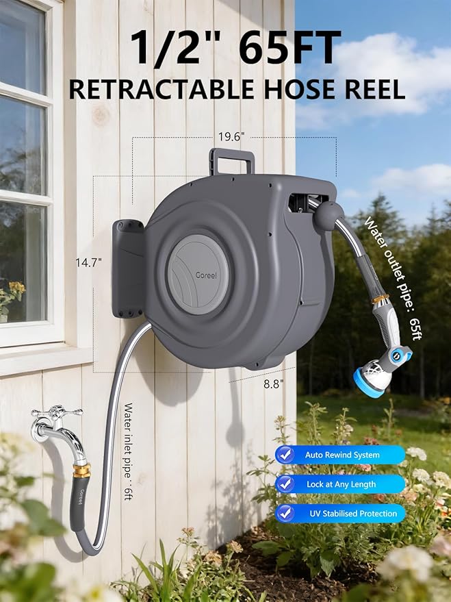 Retractable Garden Hose Reel 1/2 in x 65 ft Heavy Duty Automatic Water Hose Reel with 10-Function Sprayer Nozzle Kink-Free Auto Rewind Any-Length Lock 180° Swivel UV Resistant - Dark Gray