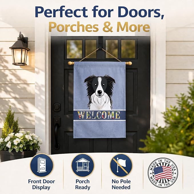 Caroline's Treasures BB1427CHF Border Collie Welcome House Flag, Blue Large Porch Sleeve Pole Decorative Outside Yard Banner Artwork Wall Hanging, Polyester, House Size, Multicolor
