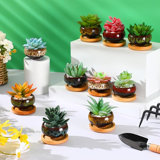48 Pcs Ceramic Succulent Pots 2.5 Inch Small Plant Pots Indoor with Drainage and Bamboo Saucers Colorful Succulent Flower Planters for Garden Plants Home Decor