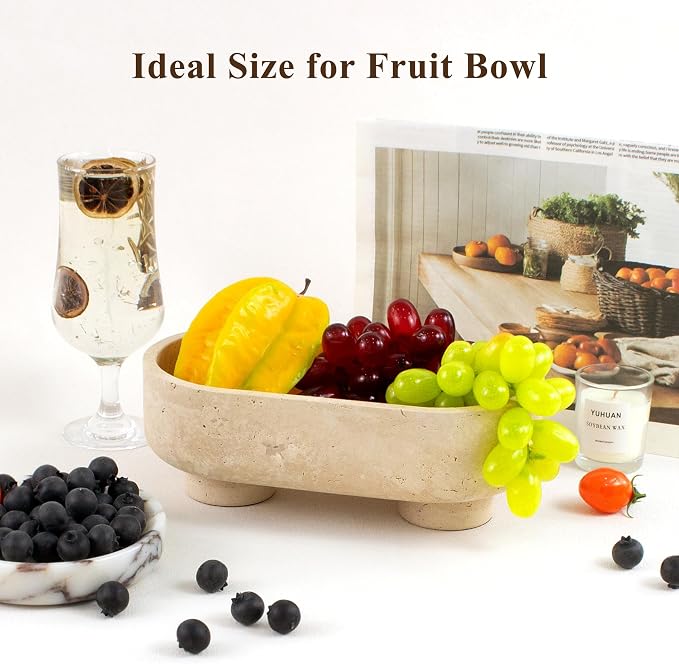LIN CHUAN Natural Oval Travertine Stone Fruit Bowl for Kitchen Counter | Two-Legged Decorative Pedestal Bowl for Dining Table Decor, 10" Luxury Entryway Catchall Purse Bowl - Travertine
