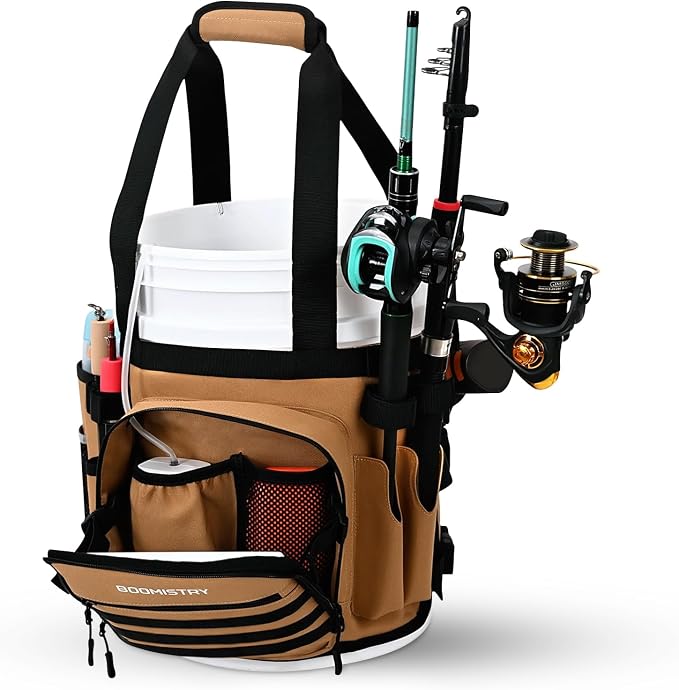 Boomistry Fishing Bucket Organizer for 5 Gallon Bucket, Khaki | 15 Multi-Pockets, 4 Built-in Rod Holder Storage, 3 Adjustable Buckles, for All Fishing Gear & Tackle Accessories