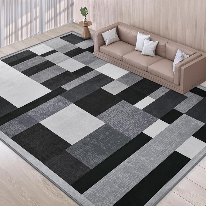 TWINNIS Indoor Modern Area Rug, 6x9 Geometric Patchwork Style Washable Large Rugs for Living Room Bedroom Hardwood Floors, Non Shedding Non Anti Backing Soft Carpet Home Floor Decor, Black