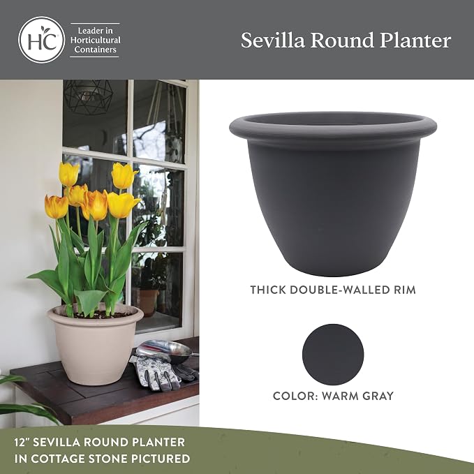 The HC Companies Sevilla Flower Planters - Durable Outdoor & Indoor Planter - Round Lightweight Self Watering Plant Pots for Herbs & More (12" Warm Gray, Pack of 1)