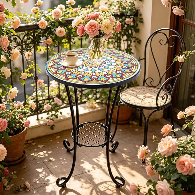Mosaic Outdoor Side Table Small Round Patio Table Plant Stand | 21" Accent End Table with 14" Ceramic Tile Top for Small Spaces Porch Pool Garden Decor Indoor Living Room Bedroom Balcony