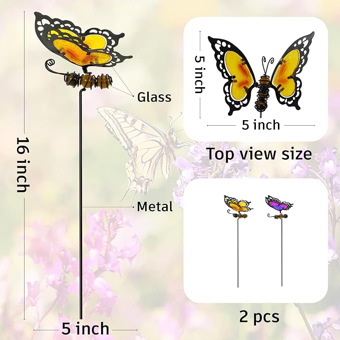 Butterfly Garden Stakes,Butterfly Kit Made of Glass and Metal,Colorful Butterflies Garden Decorations Can Make the Garden Full of Color and Vitality. (Yellow and Purple)