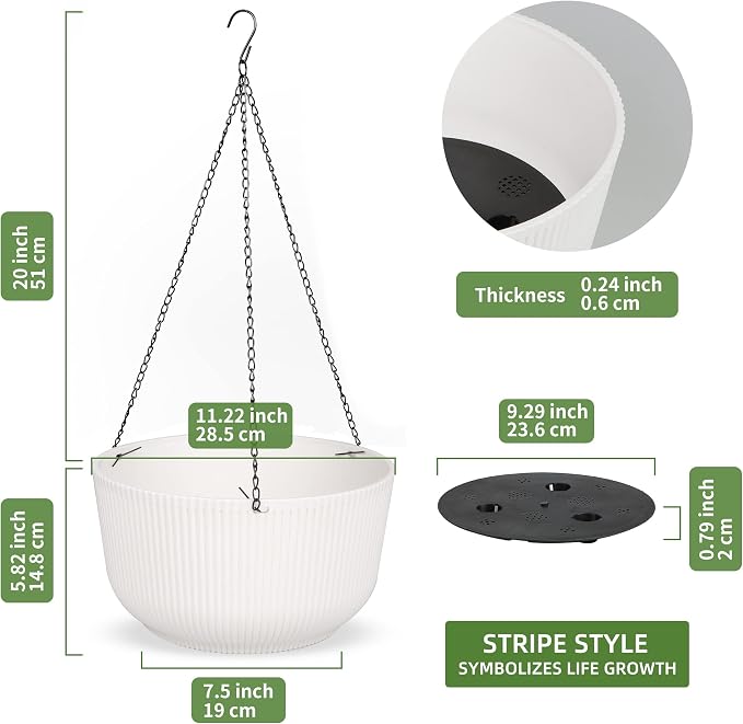 Dexceder 11.2 Inch Self Watering Hanging Planter (2 Pack, White) | Thickened Hanging Basket Flower Plant Pot Indoor Outdoor